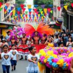 Desfile festivo callejero con trajes coloridos y banderines.