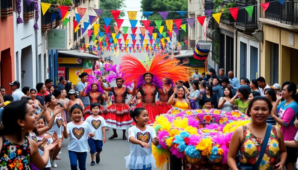 Desfile festivo callejero con trajes coloridos y banderines.