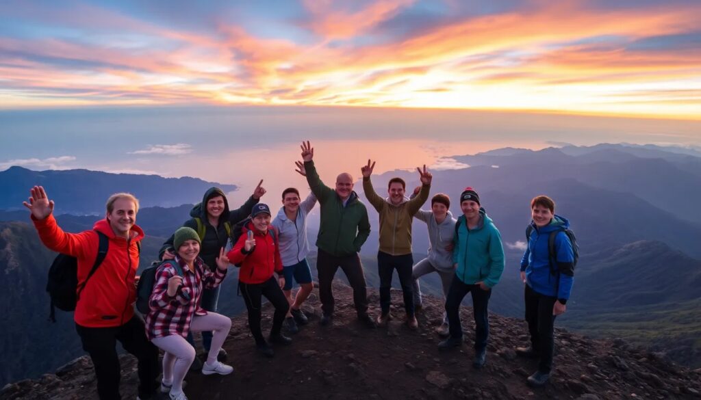 Grupo sonriendo al amanecer en la cima montañosa.