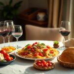 Mesa con pasta, vino y pan.