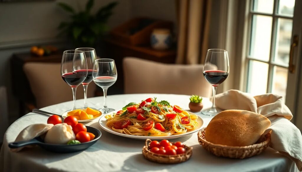 Mesa con pasta, vino y pan.