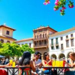 Personas disfrutando bebidas en plaza soleada.
