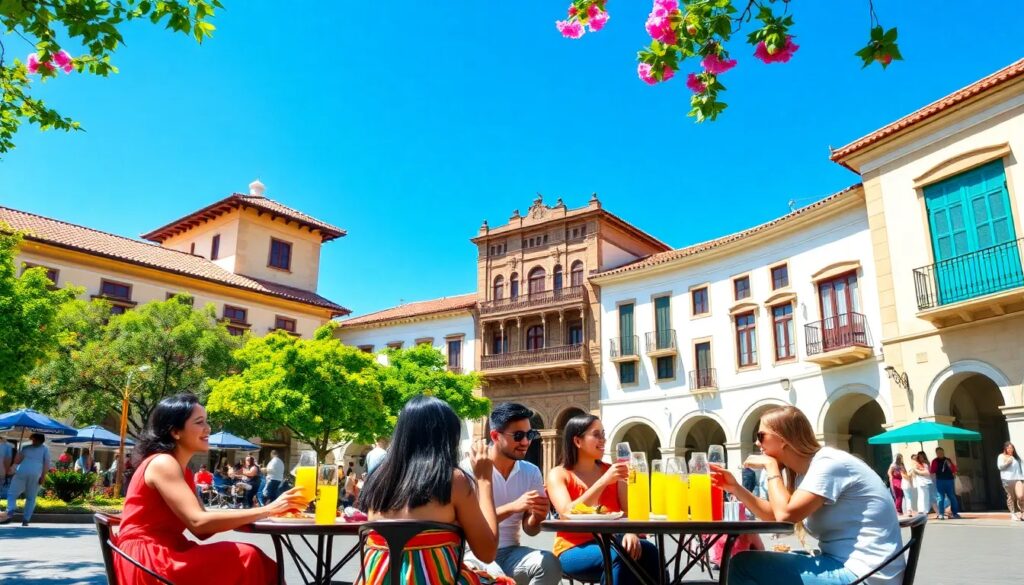 Personas disfrutando bebidas en plaza soleada.
