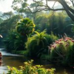 Personas caminando en río, flamencos y vegetación exuberante.