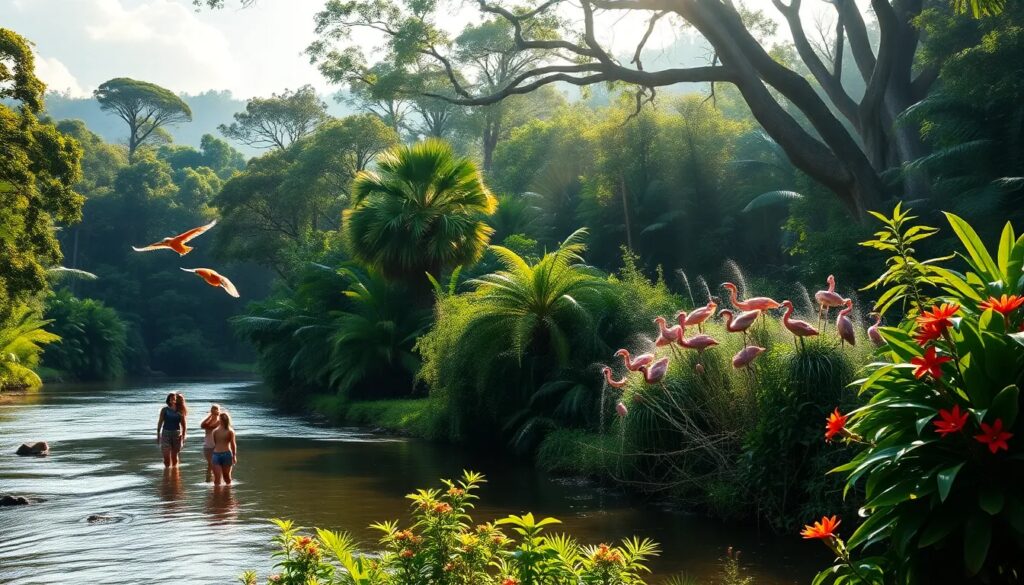 Personas caminando en río, flamencos y vegetación exuberante.
