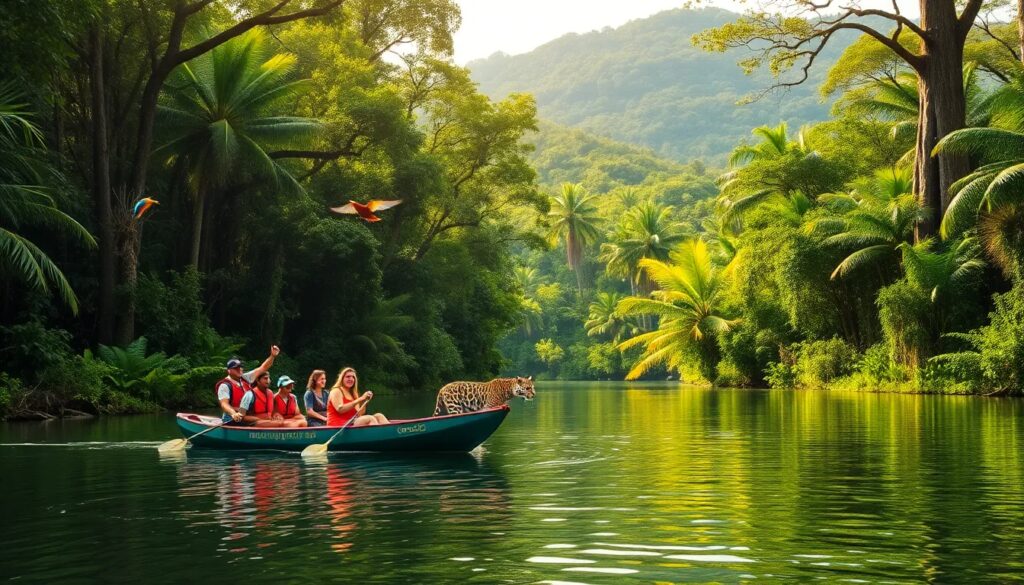 Personas navegando en bote por río selvático, aves volando.