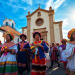 Desfile de mujeres con trajes tradicionales frente a iglesia.