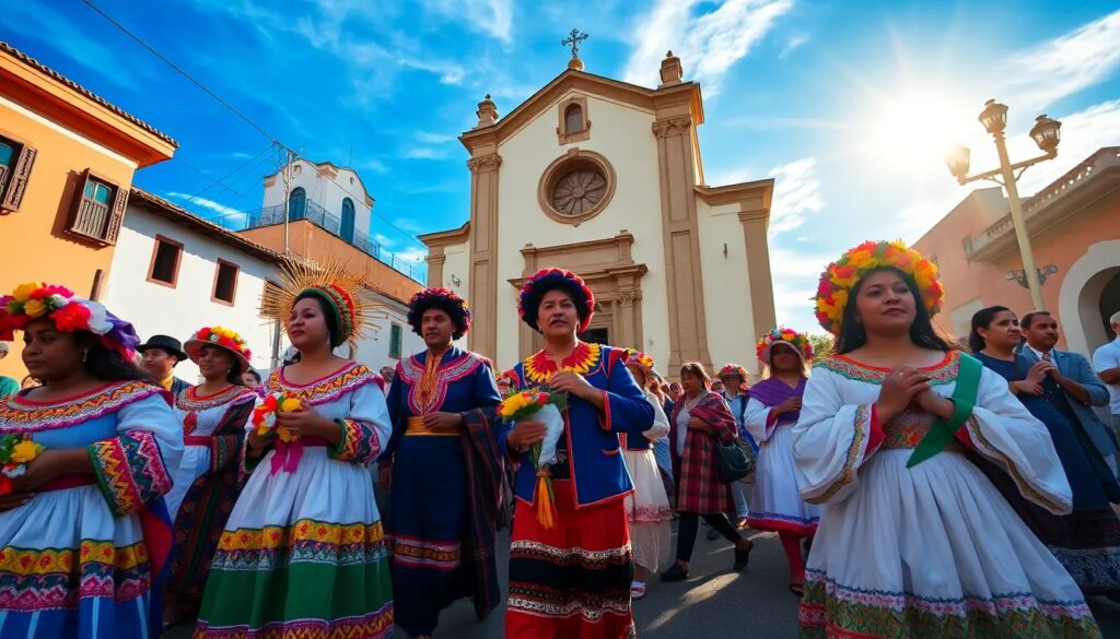 Desfile de mujeres con trajes tradicionales frente a iglesia.