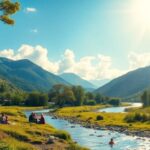 Paisaje montañoso con río, picnic y sol brillante.