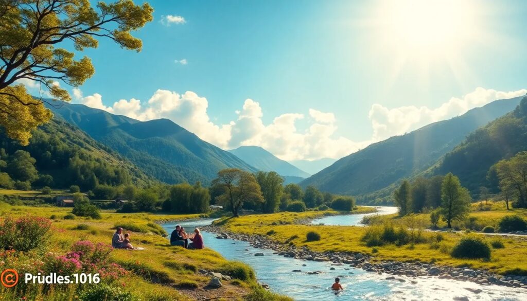 Paisaje montañoso con río, picnic y sol brillante.