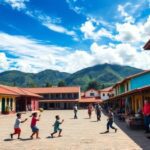 Niños jugando en plaza con montañas al fondo
