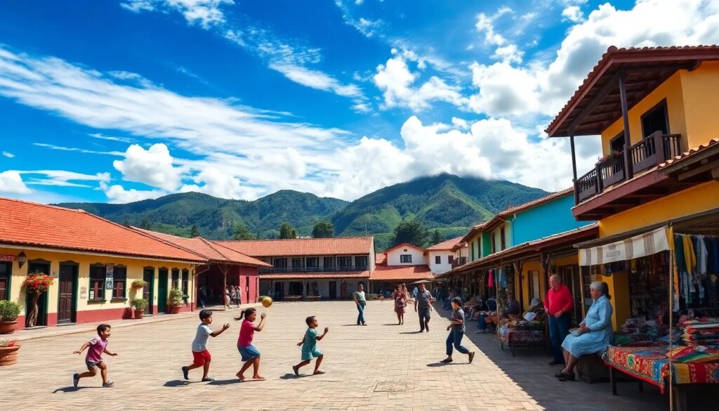 Niños jugando en plaza con montañas al fondo