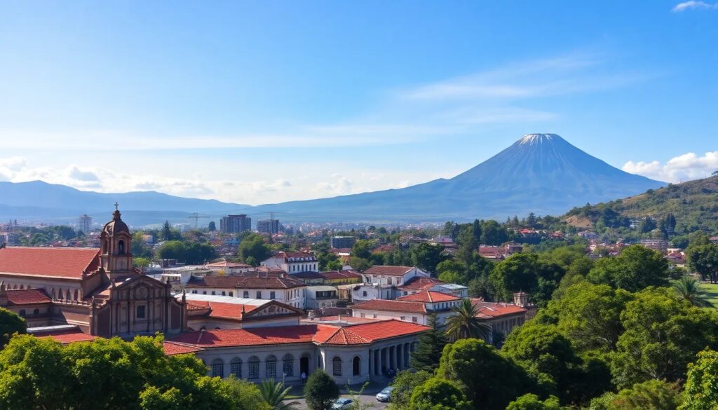 Volcán Arequipa tras ciudad colonial con iglesias