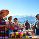 Mercado al aire libre con personas y montañas nevadas.