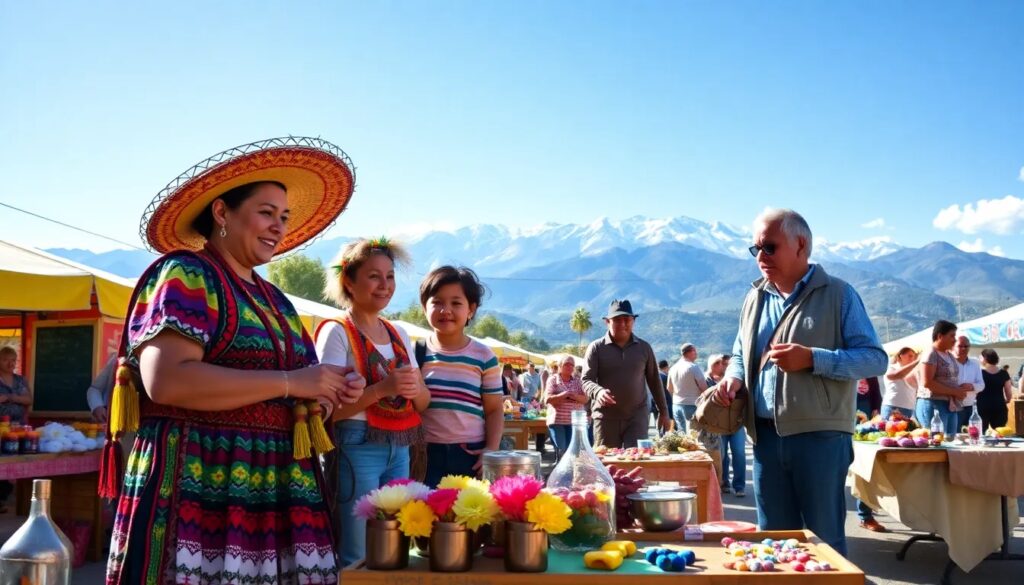 Mercado al aire libre con personas y montañas nevadas.