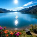 Lago sereno rodeado de montañas y flores coloridas