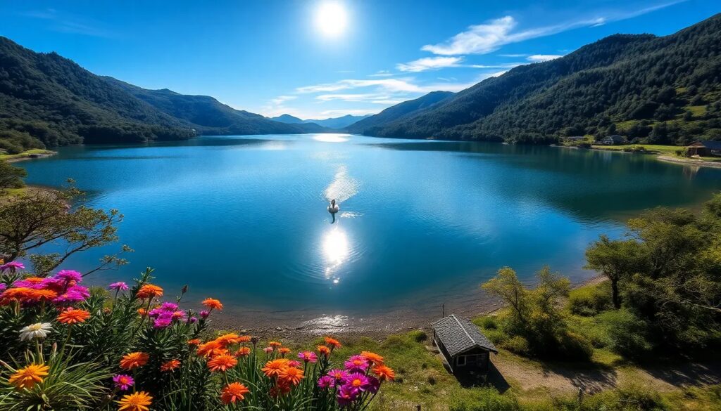 Lago sereno rodeado de montañas y flores coloridas