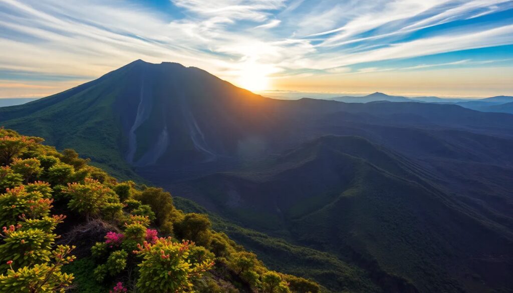 Amanecer sobre volcán y montañas verdes.