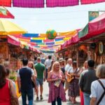 Mercado artesanal al aire libre con gente y colorido.