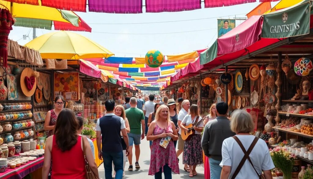 Mercado artesanal al aire libre con gente y colorido.