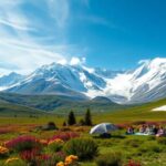 Picnic en pradera con montañas nevadas y flores.