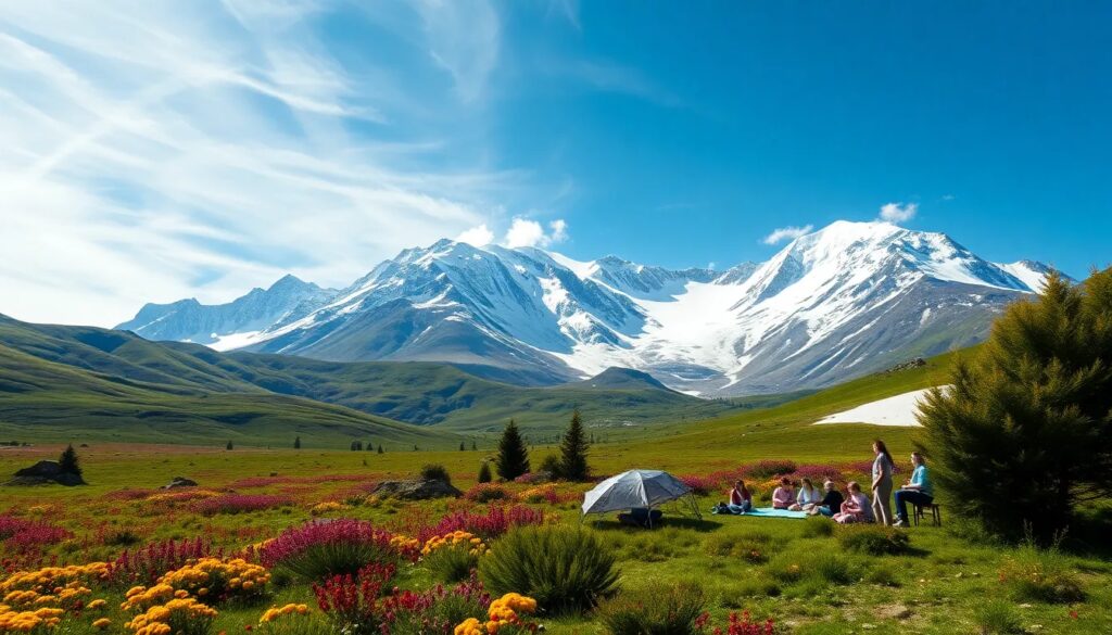 Picnic en pradera con montañas nevadas y flores.