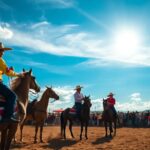 Hombres a caballo en evento ecuestre bajo el sol.