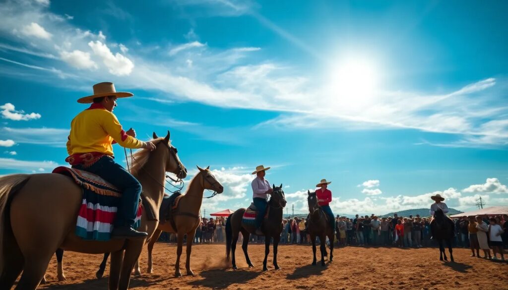 Hombres a caballo en evento ecuestre bajo el sol.