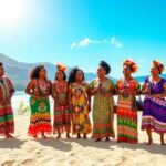 Mujeres con vestimenta colorida bailan en la playa