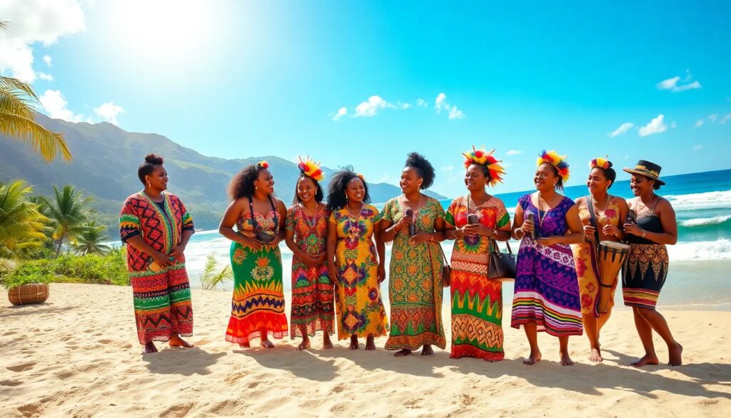 Mujeres con vestimenta colorida bailan en la playa