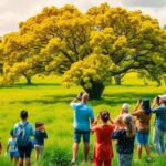 Grupo de personas fotografiando árboles en campo verde.