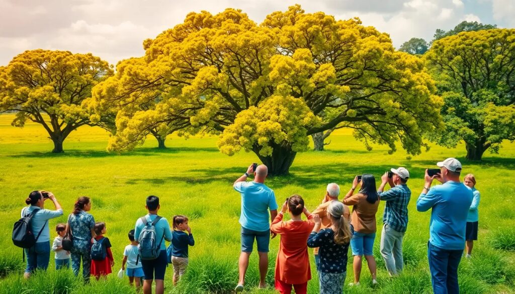 Grupo de personas fotografiando árboles en campo verde.