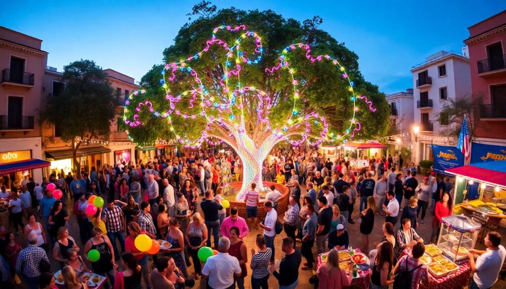 Festival nocturno en ciudad con árbol iluminado.