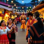 Personas con trajes típicos en un mercado iluminado.