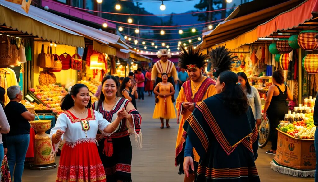 Personas con trajes típicos en un mercado iluminado.