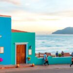 Casa azul en costa con vista al mar