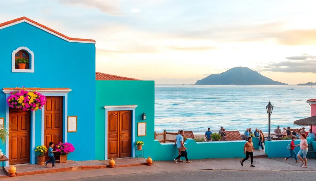 Casa azul en costa con vista al mar