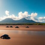 Tortugas en playa frente a montañas bajo cielo despejado.