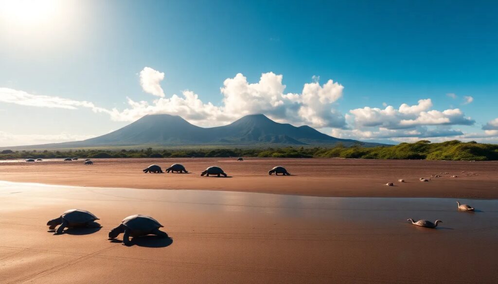 Tortugas en playa frente a montañas bajo cielo despejado.