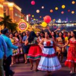 Grupo baila en festival nocturno, vestidos coloridos, luces y globos.