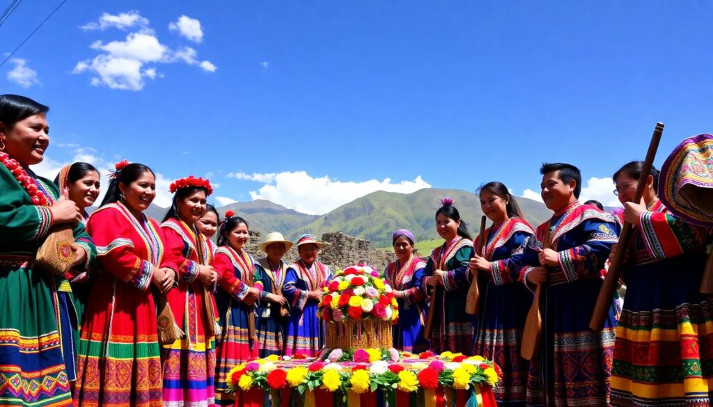 Grupo en atuendos tradicionales en paisaje montañoso.