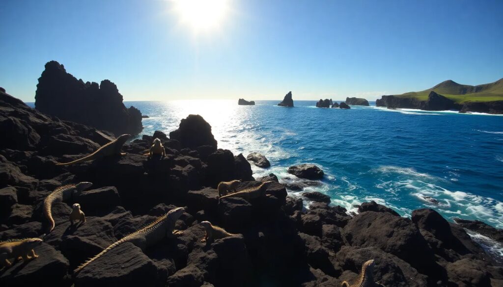 Iguanas marinas en rocas junto a un océano azul