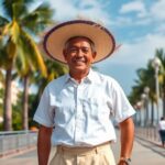Hombre con sombrero en paseo costero tropical.