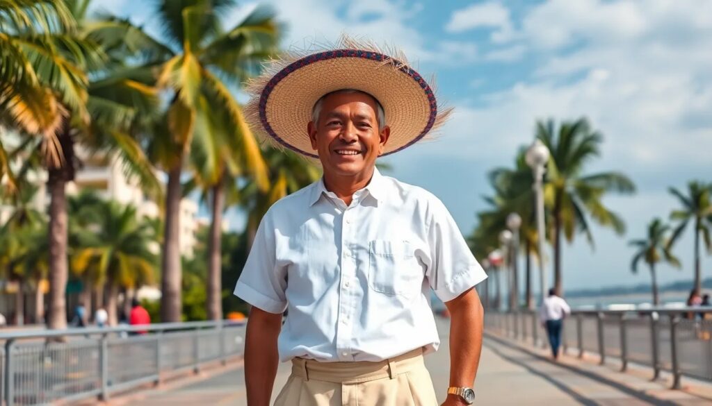 Hombre con sombrero en paseo costero tropical.