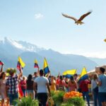 Grupo festeja con banderas en mercado al aire libre.