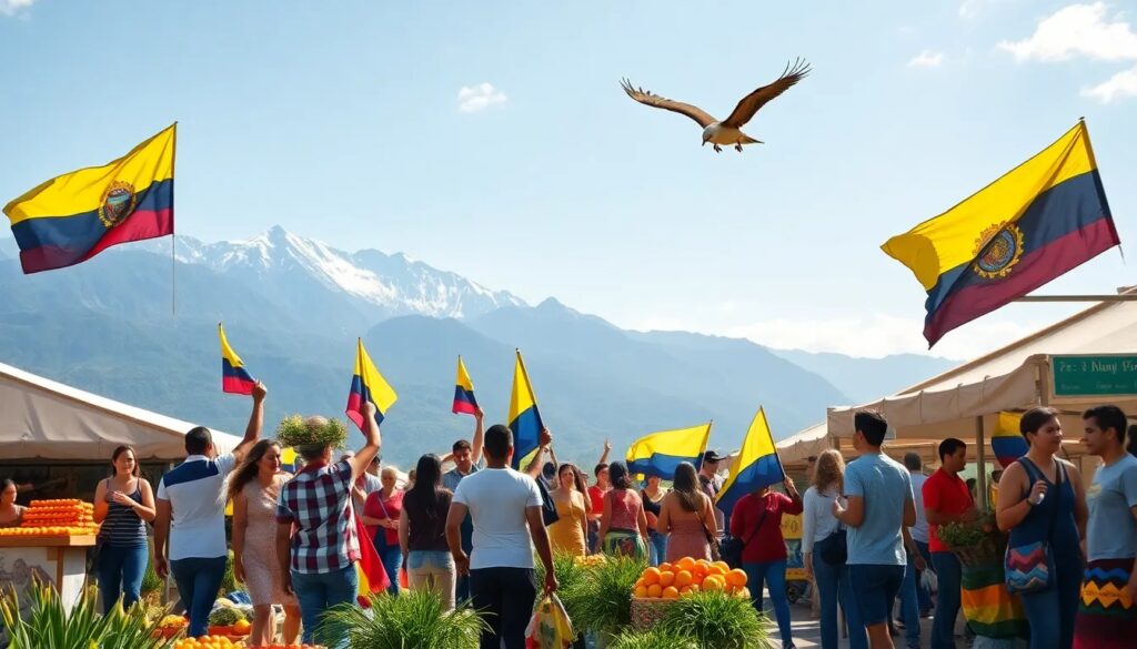 Grupo festeja con banderas en mercado al aire libre.