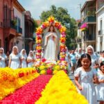 Procesión religiosa con flores y mujeres vestidas de blanco.
