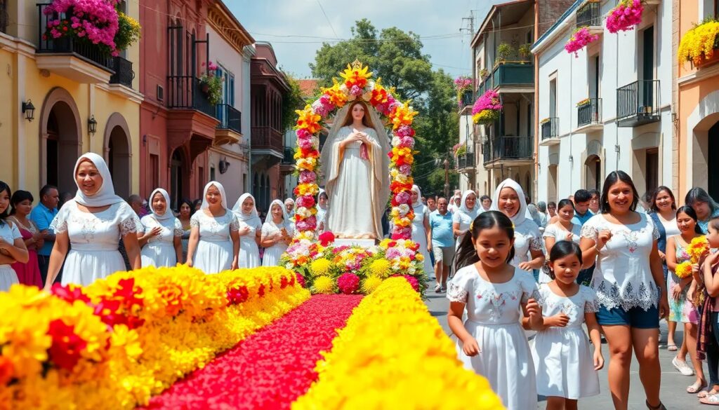 Procesión religiosa con flores y mujeres vestidas de blanco.