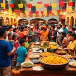 Celebración cultural con comida tradicional y gente reunida