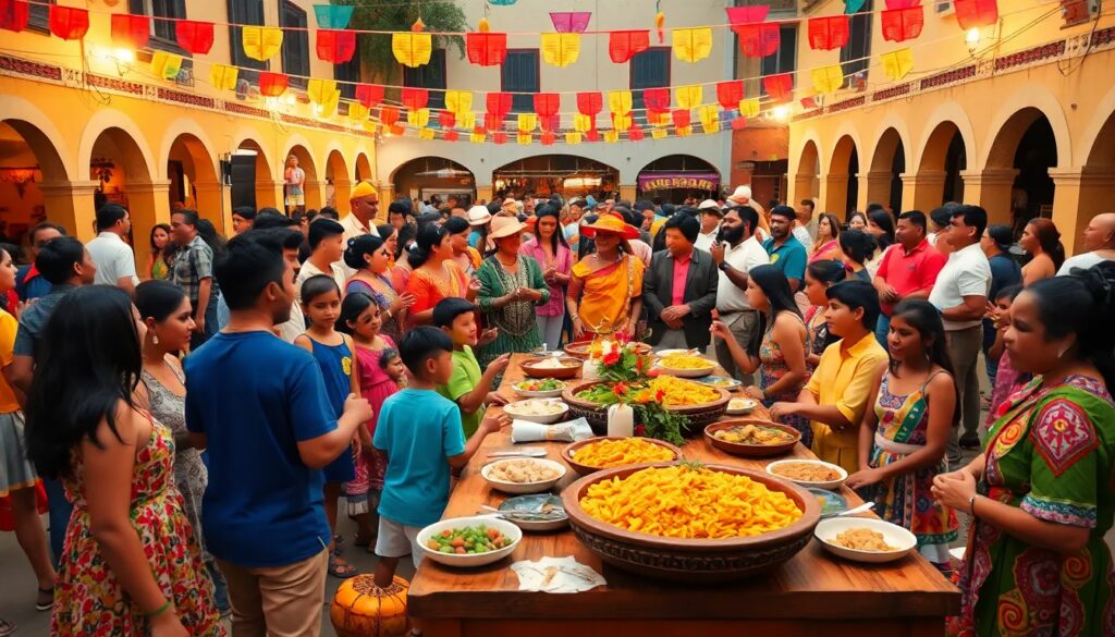 Celebración cultural con comida tradicional y gente reunida